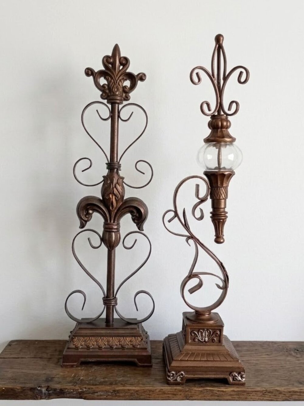 Vintage Fleur De Lis Metal Sculptures PAIR Decorative Statues 20" Finial Scroll